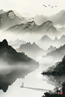 PSD 나무 일러스트 조류 산 흑백 한명 성인 강 안개 나룻배 동양화 성인한명만 국내일러스트 식물 동물 1 배_교통 날씨 촬영기법 미술 사람 성인만 파일형식