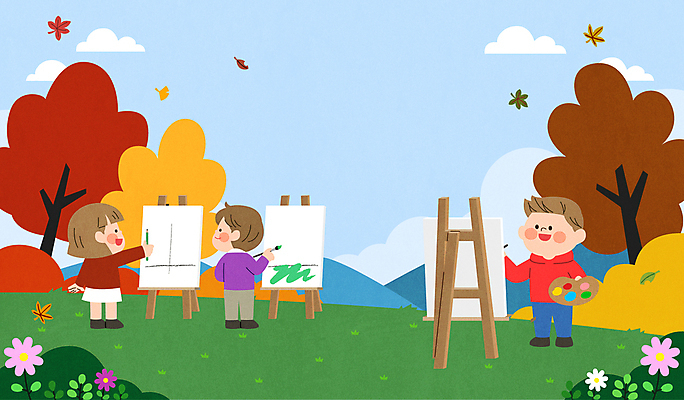 전신 여자 남자 어린이 단풍 일러스트 단풍나무 소녀 소년 야외 세명 가을 그리기 팔레트 이젤 캔버스 대회 어린이만 국내일러스트 AI파일 나무 계절 잎 모션 사람 미술도구 파일형식 벡터