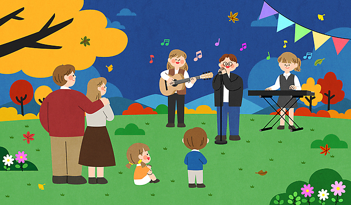 전신 여자 남자 어린이 음악 단풍 연주 음표 일러스트 노래 단풍나무 소녀 소년 여러명 성인 야외 축제 가을 기타 피아노 은행잎 은행나무 가랜드 국내일러스트 AI파일 나무 기호 계절 다수 잎 현악기 문화예술 사람 건반악기 파티용품 파일형식 벡터