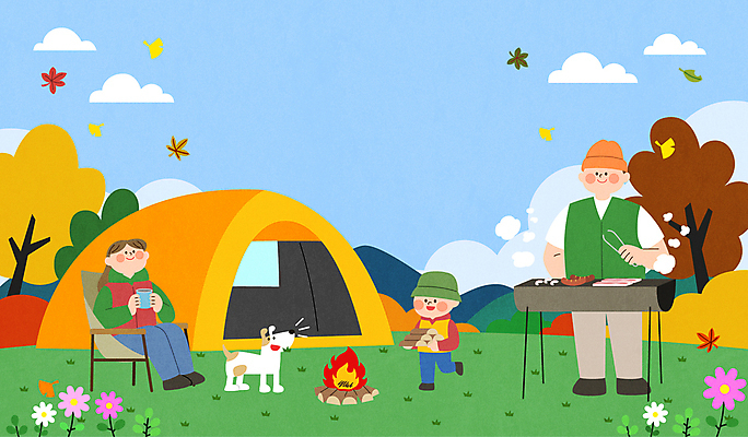 전신 여자 남자 반려견 어린이 단풍 낙엽 일러스트 단풍나무 텐트 들기 앉기 소년 성인 야외 세명 캠핑 가을 숲 장작 모닥불 바비큐 은행잎 은행나무 국내일러스트 AI파일 나무 계절 음식 잎 모션 불 레저 캠핑도구 사람 반려동물 개 파일형식 벡터