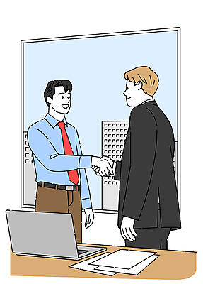 남자 일러스트 회사 비즈니스 창문 악수 정장 상반신 성인 두명 노트북 사무실 거래 업무 직장인 직원 계약 계약체결 성인남자만 국내일러스트 AI파일 직업 옷 사람 손짓 전자제품 작업 남자만 성인만 파일형식 벡터