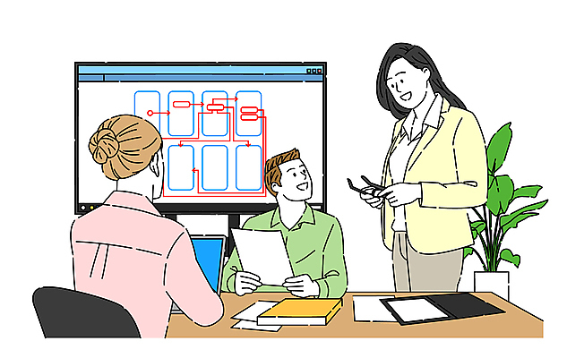 식물 여자 남자 일러스트 회사 비즈니스 회의 정장 상반신 성인 세명 사무실 모니터 업무 직장인 회의실 직원 성인만 국내일러스트 AI파일 직업 옷 사람 컴퓨터 작업 파일형식 벡터