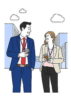 여자 남자 커피 일러스트 회사 비즈니스 들기 정장 빌딩 상반신 성인 두명 건물 사무실 산책 업무 직장인 직원 주머니손 성인만 국내일러스트 AI파일 직업 건축물 옷 음료 모션 휴식 사람 작업 파일형식 벡터
