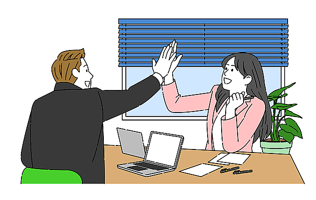 여자 남자 화분 일러스트 회사 비즈니스 창문 회의 정장 상반신 성인 두명 노트북 사무실 업무 직장인 직원 하이파이브 성인만 국내일러스트 AI파일 직업 옷 사람 손짓 전자제품 작업 파일형식 벡터