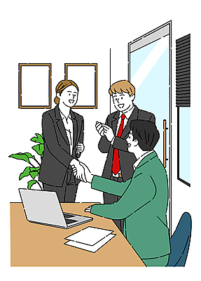 여자 남자 일러스트 회사 비즈니스 악수 정장 상반신 성인 세명 사무실 문 거래 업무 직장인 박수 직원 계약 계약체결 성인만 국내일러스트 AI파일 직업 옷 사람 손짓 작업 파일형식 벡터