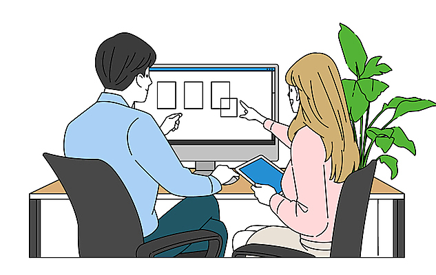 식물 여자 남자 일러스트 회사 비즈니스 앉기 정장 상반신 성인 두명 사무실 모니터 가리킴 업무 도움 직장인 책상 직원 성인만 국내일러스트 AI파일 직업 옷 가구 컨셉 모션 사람 손짓 컴퓨터 작업 파일형식 벡터