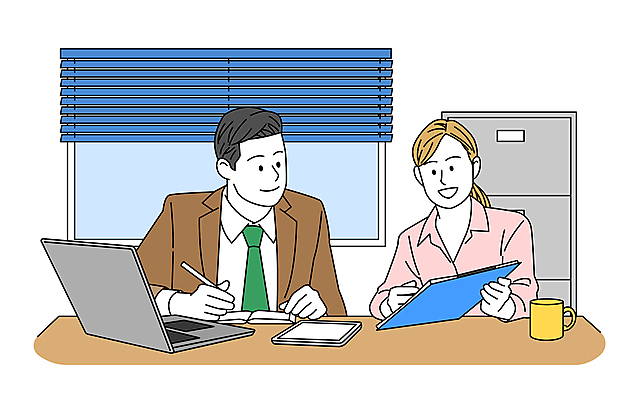 여자 남자 일러스트 회사 비즈니스 창문 정장 상반신 성인 두명 노트북 사무실 업무 도움 직장인 직원 성인만 국내일러스트 AI파일 직업 옷 컨셉 사람 전자제품 작업 파일형식 벡터