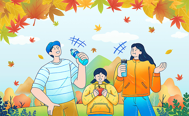 PSD 여자 남자 어린이 단풍 일러스트 가족 단풍나무 산 들기 소녀 상반신 성인 세명 등산 가을 사과 등산객 먹기 생수 김밥 국내일러스트 나무 계절 음식 잎 과일 관계 모션 사람 트래킹 물병 파일형식