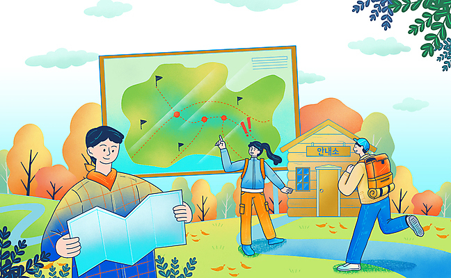 전신 PSD 여자 남자 길 단풍 지도 일러스트 단풍나무 산 상반신 성인 세명 등산 가을 가리킴 오두막 등산객 언덕 길찾기 성인만 국내일러스트 나무 계절 잎 사람 손짓 트래킹 파일형식