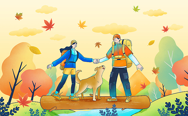 PSD 여자 남자 반려견 단풍 일러스트 단풍나무 산 성인 두명 강 손잡기 등산 가을 강아지 등산객 등산복 나무다리 성인만 국내일러스트 나무 옷 계절 잎 모션 사람 반려동물 트래킹 다리_건축물 개 파일형식