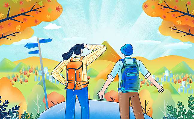 PSD 여자 남자 단풍 일러스트 단풍나무 산 상반신 성인 두명 건물 등산 가을 표지판 정상 등산객 성인만 국내일러스트 나무 건축물 계절 잎 알림판 사람 트래킹 파일형식