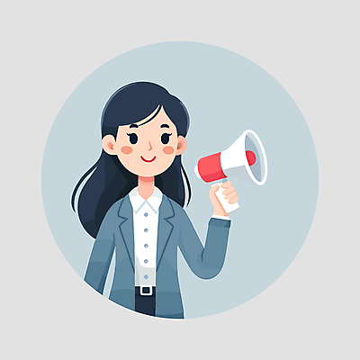 여자 인물캐릭터 하늘색 일러스트 비즈니스 한명 미소 들기 사람 정장 상반신 청년 성인 확성기 직장인 자신감 알림 성인여자한명만 소식_알림 일러캐릭터 AI파일 직업 캐릭터 1 옷 감정 컨셉 모션 표정 파란색 여자한명만 성인여자만 파일형식 벡터