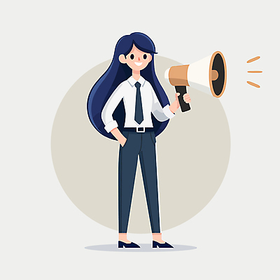 전신 여자 인물캐릭터 일러스트 비즈니스 한명 미소 들기 사람 정장 청년 성인 확성기 소리 직장인 자신감 남색 알림 성인여자한명만 소식_알림 일러캐릭터 AI파일 직업 캐릭터 1 옷 감정 컬러 컨셉 모션 표정 여자한명만 성인여자만 파일형식 벡터