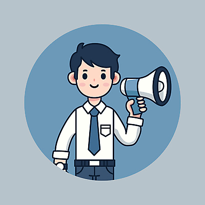 남자 인물캐릭터 일러스트 비즈니스 한명 미소 들기 사람 정장 상반신 청년 성인 파란색 확성기 직장인 자신감 알림 성인남자한명만 소식_알림 일러캐릭터 AI파일 직업 캐릭터 1 옷 감정 컬러 컨셉 모션 표정 남자한명만 성인남자만 파일형식 벡터