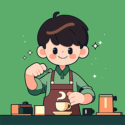 남자 커피 어린이 일러스트 한명 미소 소년 상반신 초록색 카페 수증기 커피잔 컵받침 바리스타 소년한명만 일러캐릭터 AI파일 직업 캐릭터 1 음료 컬러 잔 표정 사람 상점 받침대 남자한명만 소년만 파일형식 벡터