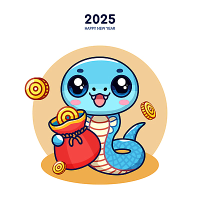 캐릭터 하늘색 일러스트 복주머니 미소 사람없음 귀여움 동전 뱀띠 뱀 뱀캐릭터 엽전 2025년 을사년 일러캐릭터 푸른뱀 푸른뱀캐릭터 AI파일 동물캐릭터 컨셉 돈 파충류 전통소품 표정 파란색 십이지신 연도 파일형식 벡터