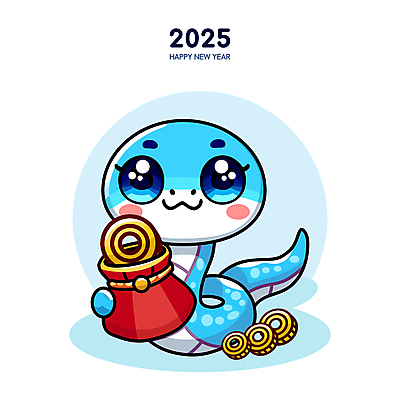 캐릭터 하늘색 일러스트 복주머니 미소 사람없음 귀여움 동전 뱀띠 뱀 뱀캐릭터 엽전 2025년 을사년 일러캐릭터 푸른뱀 푸른뱀캐릭터 AI파일 동물캐릭터 컨셉 돈 파충류 전통소품 표정 파란색 십이지신 연도 파일형식 벡터