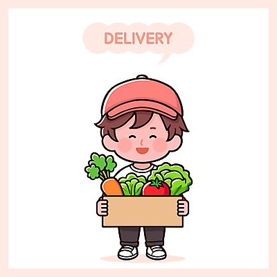 전신 모자 남자 토마토 일러스트 한명 미소 들기 성인 귀여움 당근 양상추 배달원 배송 택배상자 성인남자한명만 국내일러스트 AI파일 직업 1 잡화 컨셉 채소 모션 뿌리채소 표정 사람 상자 택배 남자한명만 성인남자만 파일형식 벡터