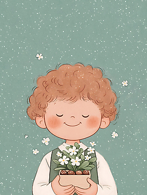 JPG 식물 남자 꽃 행복 어린이 일러스트 선물 한명 미소 들기 소년 상반신 초록색 상자 눈감음 소년한명만 국내일러스트 AI일러스트 AI콘텐츠 1 감정 컬러 모션 표정 사람 남자한명만 소년만 파일형식