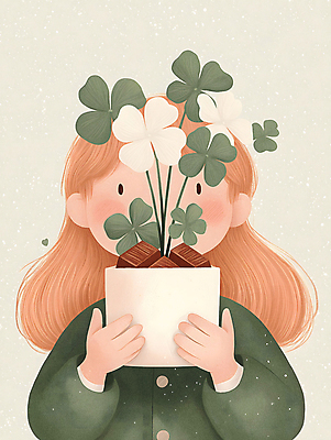 JPG 여자 행복 어린이 일러스트 선물 한명 미소 들기 소녀 상반신 초록색 상자 네잎클로버 소녀한명만 국내일러스트 AI일러스트 AI콘텐츠 식물 1 감정 컬러 모션 표정 사람 클로버 여자한명만 소녀만 파일형식