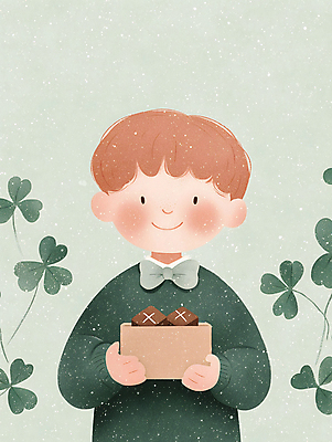 JPG 남자 행복 어린이 일러스트 선물 한명 미소 들기 소년 상반신 초록색 상자 세잎클로버 소년한명만 국내일러스트 AI일러스트 AI콘텐츠 식물 1 감정 컬러 모션 표정 사람 클로버 남자한명만 소년만 파일형식