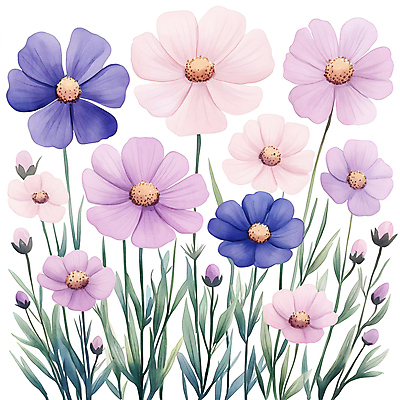 JPG 잎 일러스트 수채화 가을꽃 사람없음 파란색 보라색 코스모스 국내일러스트 AI일러스트 AI콘텐츠 식물 꽃 컬러 파일형식 가을_계절