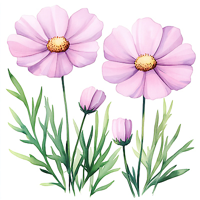 JPG 분홍색 잎 일러스트 수채화 가을꽃 사람없음 코스모스 국내일러스트 AI일러스트 AI콘텐츠 식물 꽃 컬러 파일형식 가을_계절