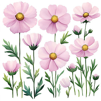 JPG 분홍색 잎 일러스트 수채화 가을꽃 사람없음 코스모스 국내일러스트 AI일러스트 AI콘텐츠 식물 꽃 컬러 파일형식 가을_계절