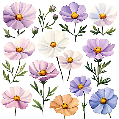 JPG 잎 일러스트 수채화 가을꽃 사람없음 파란색 노란색 보라색 코스모스 국내일러스트 AI일러스트 AI콘텐츠 식물 꽃 컬러 파일형식 가을_계절