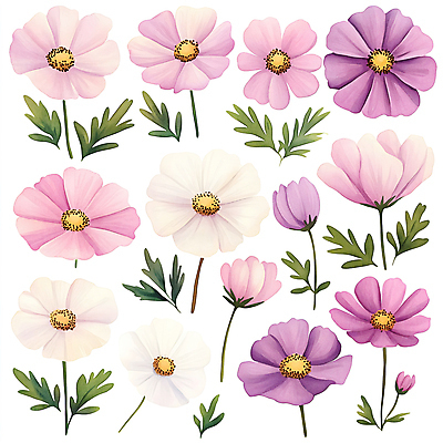 JPG 분홍색 잎 일러스트 수채화 가을꽃 사람없음 코스모스 국내일러스트 AI일러스트 AI콘텐츠 식물 꽃 컬러 파일형식 가을_계절