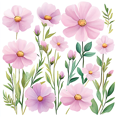 JPG 분홍색 잎 일러스트 수채화 가을꽃 사람없음 코스모스 국내일러스트 AI일러스트 AI콘텐츠 식물 꽃 컬러 파일형식 가을_계절