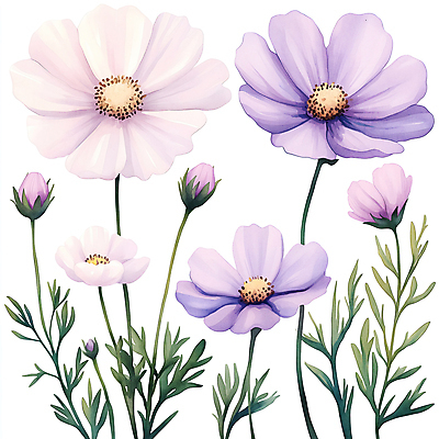 JPG 잎 일러스트 수채화 가을꽃 사람없음 보라색 코스모스 국내일러스트 AI일러스트 AI콘텐츠 식물 꽃 컬러 파일형식 가을_계절