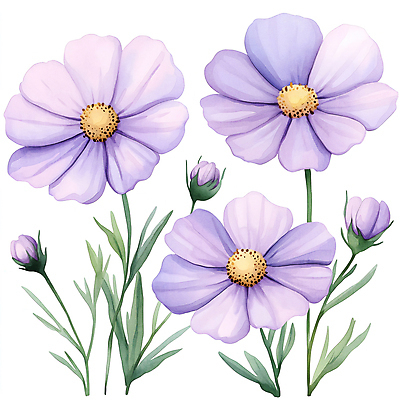 JPG 잎 일러스트 수채화 가을꽃 사람없음 보라색 코스모스 국내일러스트 AI일러스트 AI콘텐츠 식물 꽃 컬러 파일형식 가을_계절