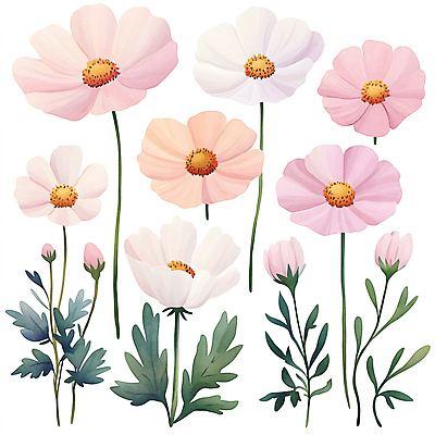 JPG 분홍색 잎 일러스트 수채화 가을꽃 사람없음 코스모스 국내일러스트 AI일러스트 AI콘텐츠 식물 꽃 컬러 파일형식 가을_계절