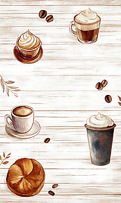 JPG 커피 빵 일러스트 나뭇잎 사람없음 목재 원두 빈티지 커피잔 컵받침 라떼 베이지색 휘핑크림 국내일러스트 AI일러스트 AI콘텐츠 나무 음료 음식 컬러 컨셉 잎 재료 잔 받침대 크림 휘핑 파일형식