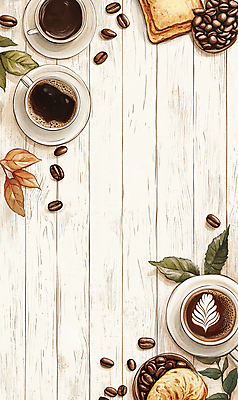 JPG 커피 빵 일러스트 나뭇잎 사람없음 목재 원두 빈티지 커피잔 컵받침 라떼아트 베이지색 국내일러스트 AI일러스트 AI콘텐츠 나무 음료 음식 컬러 컨셉 잎 재료 잔 받침대 그림 라떼 파일형식