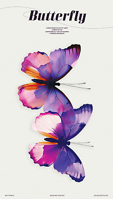 PSD 포스터 나비 일러스트 추상 수채화 사람없음 보라색 우아함 그라데이션 단순화된 편집소스 미니멀 국내일러스트 컬러 곤충 컨셉 무늬 파일형식