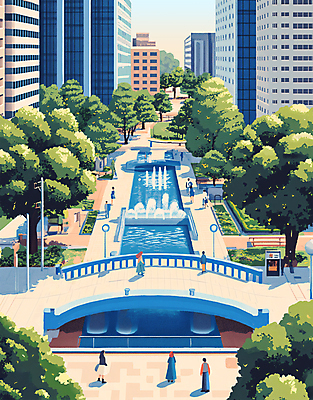 전신 PSD 나무 라이프스타일 공원 여자 남자 일러스트 풍경 빌딩 여러명 성인 건물 도시 분수 광장 시민 가교 성인만 국내일러스트 식물 건축물 공공시설 다수 사람 생활 국민 파일형식