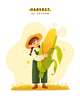 전신 라이프스타일 여자 어린이 일러스트 옥수수 한명 들기 소녀 잔디 생활 농작물 노란색 수확 추수 가을 농부 밀짚모자 소녀한명만 국내일러스트 AI파일 식물 직업 모자_잡화 1 계절 컬러 농업 모션 곡류 사람 여자한명만 소녀만 파일형식 벡터
