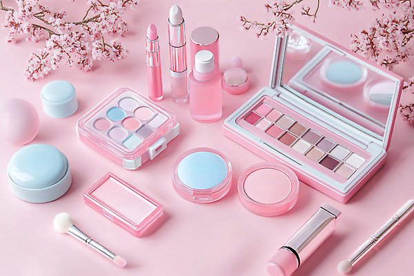 JPG 편집이미지 어린이 분홍색 사람없음 화장 뷰티 화장품 거울 립스틱 벚꽃 디지털합성 아이섀도 꽃가지 섀도우브러쉬 섀도우팔레트 편집실사 AI포토 AI콘텐츠 꽃 컬러 사람 나뭇가지 CG 메이크업브러쉬 파일형식