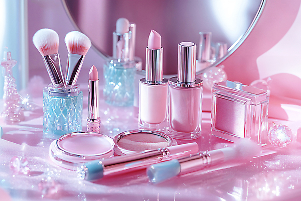 JPG 편집이미지 어린이 분홍색 사람없음 빛 반짝임 화장 뷰티 화장품 거울 립스틱 디지털합성 브러쉬세트 메이크업브러쉬 팩트 편집실사 AI포토 AI콘텐츠 컬러 모션 사람 화장용품 붓 CG 파일형식