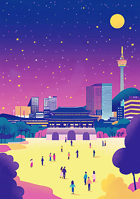 전신 PSD 나무 여자 남자 일러스트 밤하늘 서울 풍경 빌딩 여러명 성인 건물 보라색 달 도시 군중 광장 광화문 성인만 국내일러스트 자연요소 식물 건축물 컬러 다수 하늘 한국 사람 야간 랜드마크 파일형식