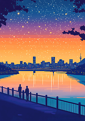 전신 PSD 나무 남자 실루엣 일러스트 밤하늘 풍경 빌딩 성인 두명 건물 파란색 달 도시 한강 한강다리 성인남자만 국내일러스트 자연요소 식물 건축물 컬러 하늘 서울 촬영기법 사람 다리_건축물 야간 랜드마크 남자만 성인만 파일형식