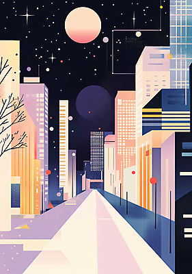 PSD 도로 일러스트 밤하늘 풍경 빌딩 사람없음 건물 보라색 달 도시 빌딩숲 구성 국내일러스트 자연요소 건축물 길 컬러 교통시설 하늘 야간 파일형식