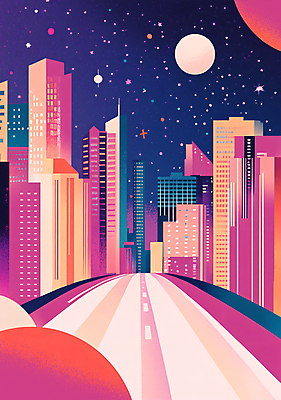 PSD 도로 일러스트 밤하늘 풍경 빌딩 사람없음 건물 달 도시 자주색 빌딩숲 구성 국내일러스트 자연요소 건축물 길 컬러 교통시설 하늘 야간 파일형식
