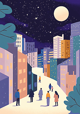 전신 PSD 나무 여자 남자 길 어린이 일러스트 밤하늘 풍경 빌딩 소년 여러명 성인 건물 걷기 보라색 달 도시 빌딩숲 국내일러스트 자연요소 식물 건축물 컬러 다수 모션 하늘 사람 야간 파일형식