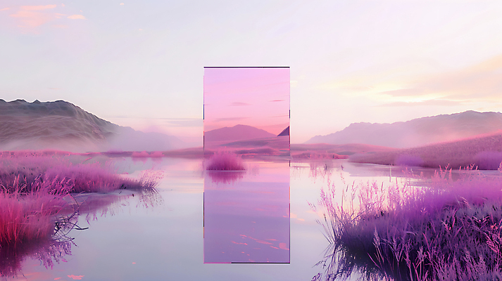 JPG 편집이미지 자연 하늘 산 사람없음 강 반사 보라색 거울 수면 몽환 편집실사 AI컴퓨터그래픽 AI콘텐츠 컬러 컨셉 물 CG 생태계 파일형식