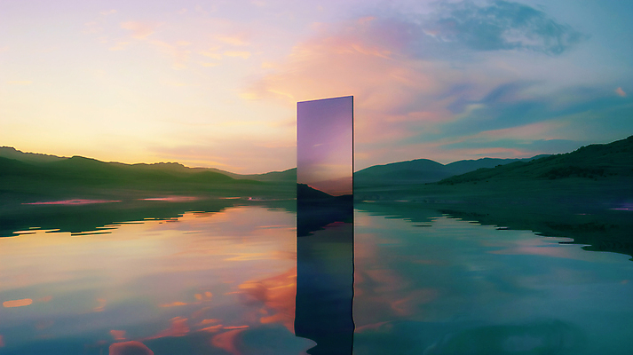 JPG 편집이미지 자연 하늘 산 사람없음 강 반사 노을 거울 수면 몽환 편집실사 AI컴퓨터그래픽 AI콘텐츠 자연요소 컨셉 물 CG 생태계 파일형식