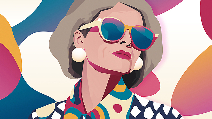모델 라이프스타일 여자 패션 노년 할머니 무늬 일러스트 한명 상반신 실버라이프 선글라스 귀걸이 부자 잡지 자주색 패션쇼 노인여자한명만 액티브시니어 국내일러스트 AI파일 1 안경 컬러 컨셉 장신구 사람 성인 생활 간행물 쇼 여자한명만 노인여자만 파일형식 벡터