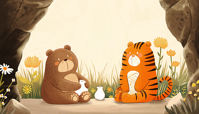 JPG 동물 꽃 잎 일러스트 곰 한국 사람없음 갈색 호랑이 숲 개천절 단군신화 국내일러스트 AI일러스트 AI콘텐츠 식물 아시아 컬러 포유류 공휴일 국경일 신화 파일형식